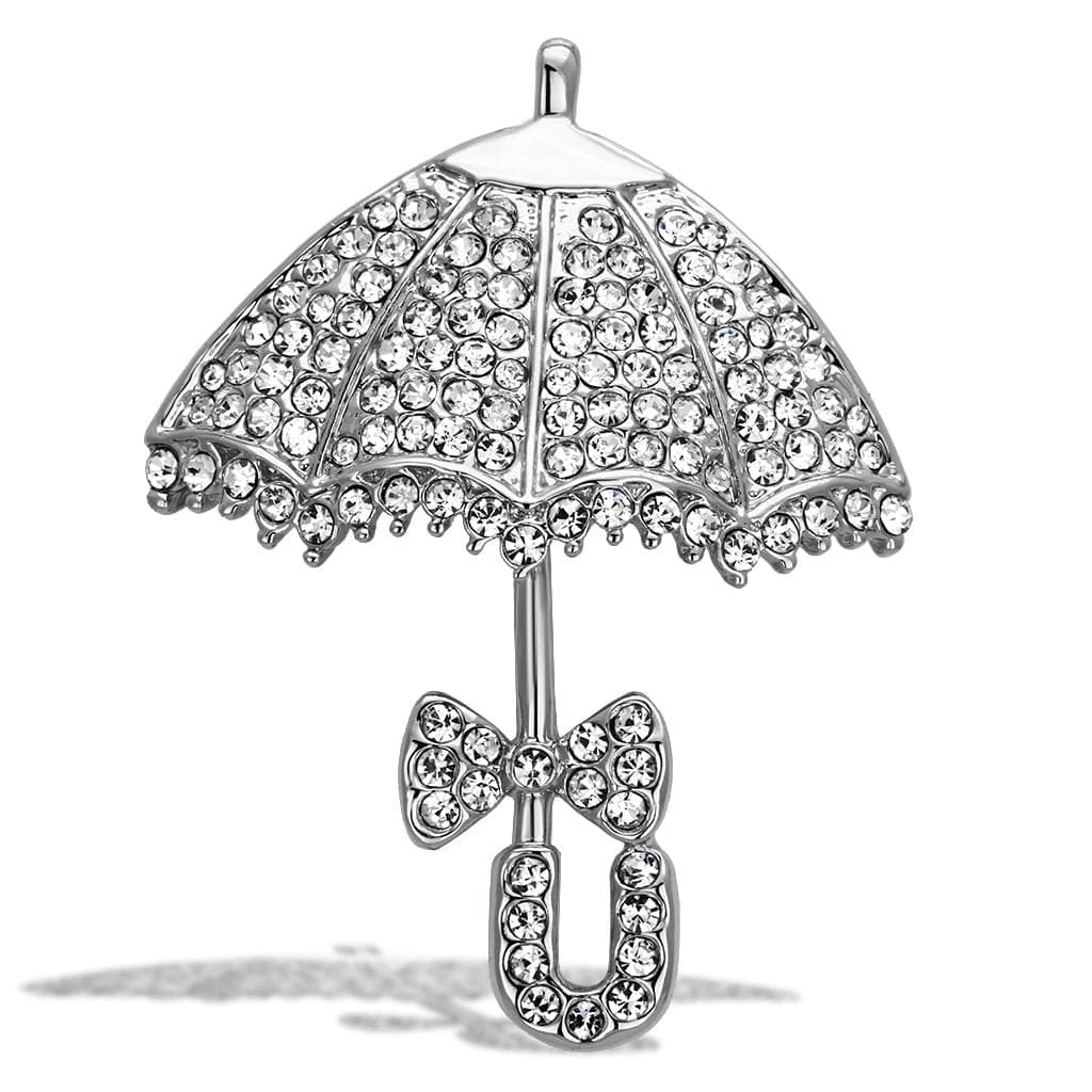 Brass Silver CZ Pave Umbrella Parasol Bow Brooch