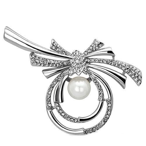 Brass Silver Pearl CZ Ribbon Bow Circle Brooch
