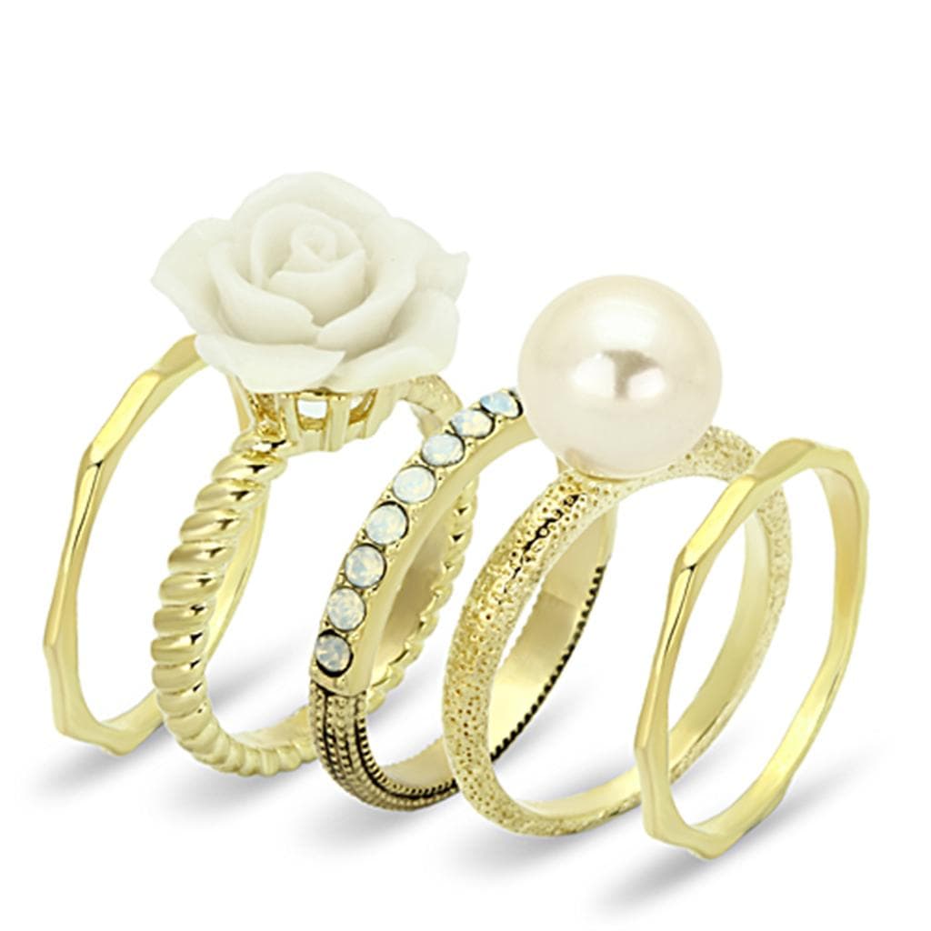Brass Gold White Rose Pearl CZ Stackable Ring Set Ring