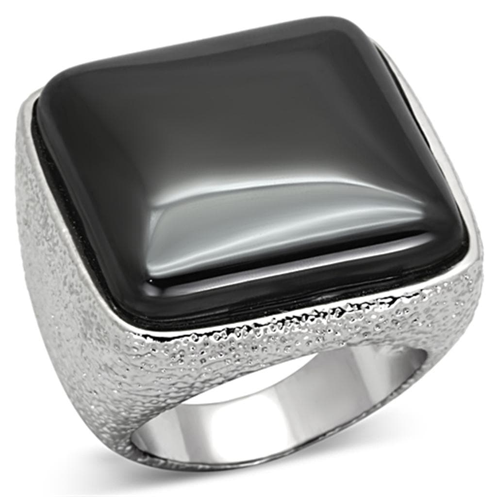 Brass Silver Black Onyx Square Cabochon Textured Signet Ring