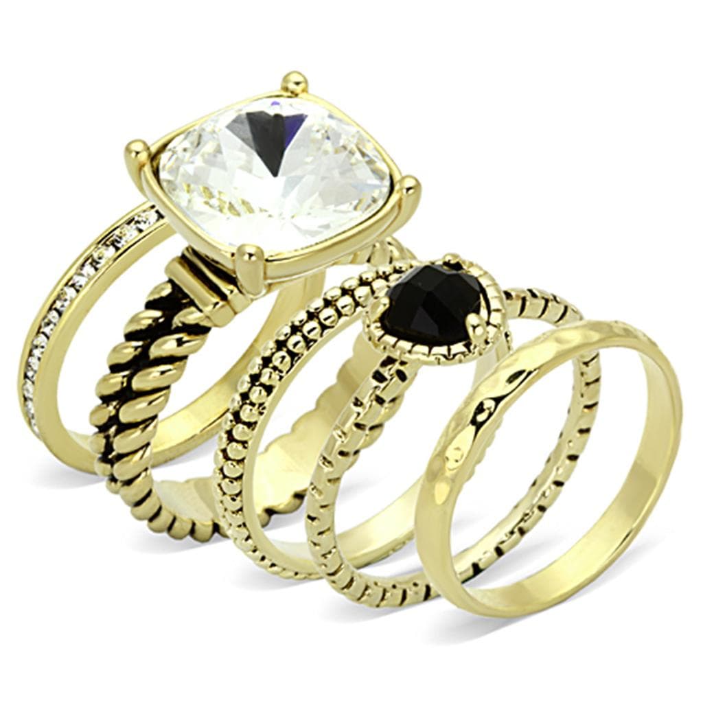 Brass Gold Clear CZ Black Onyx Cushion Stackable Ring Set Ring