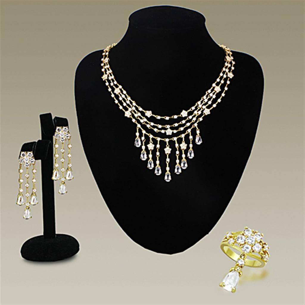 Brass Gold Pearl CZ Fringe Chandelier Necklace Earring Earrings