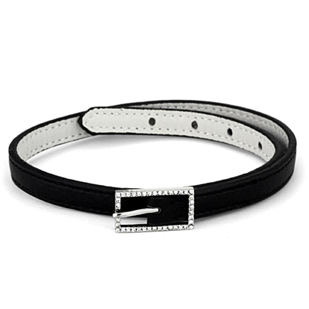 Brass Black White Leather CZ Buckle Wrap Bracelet