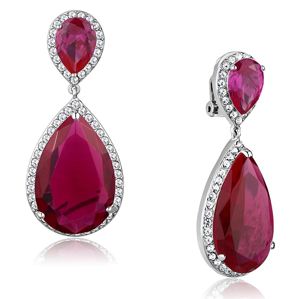 Brass Silver Ruby Red CZ Pear Halo Drop Pendant Earrings