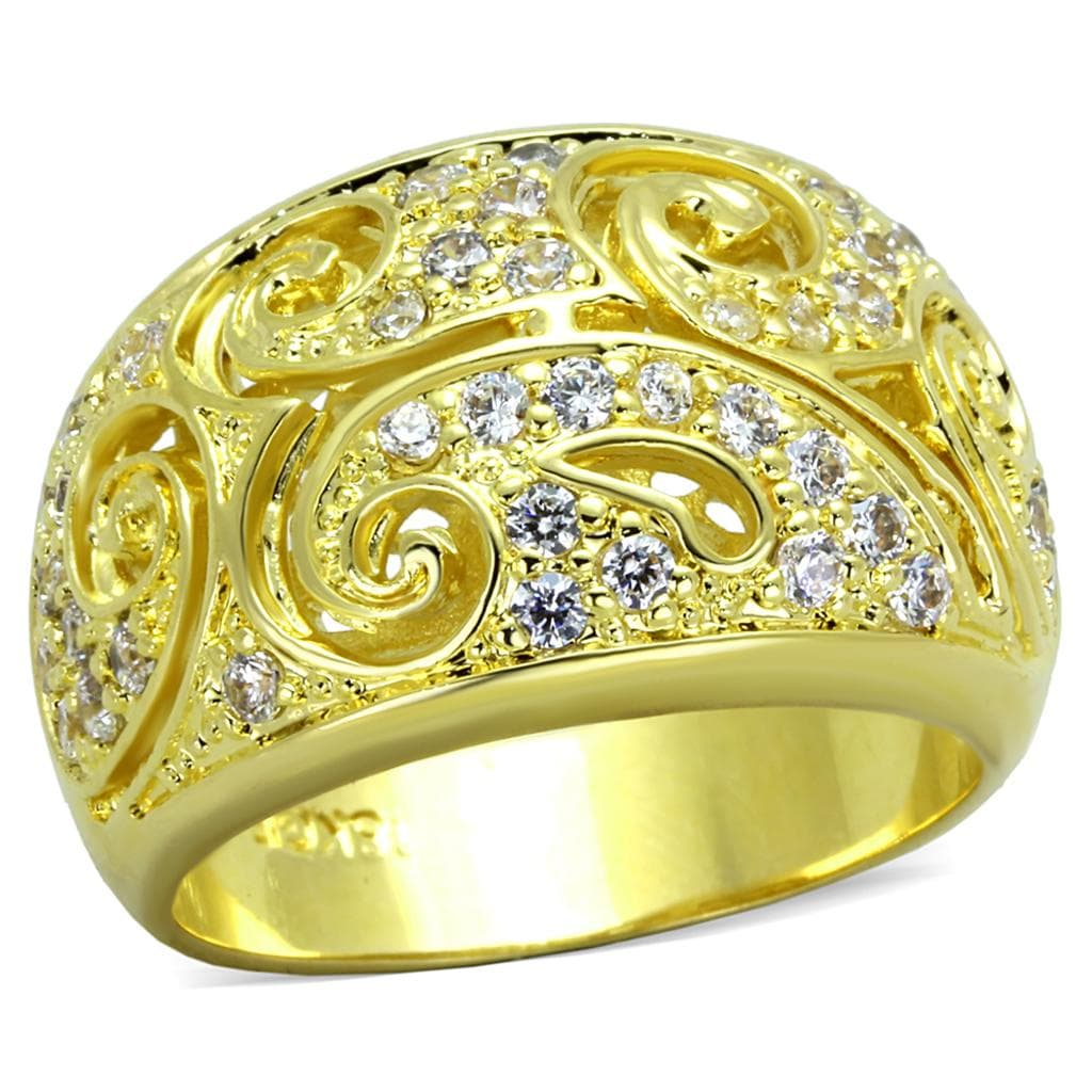 Brass Gold CZ Filigree Scroll Wide Dome Cocktail Ring