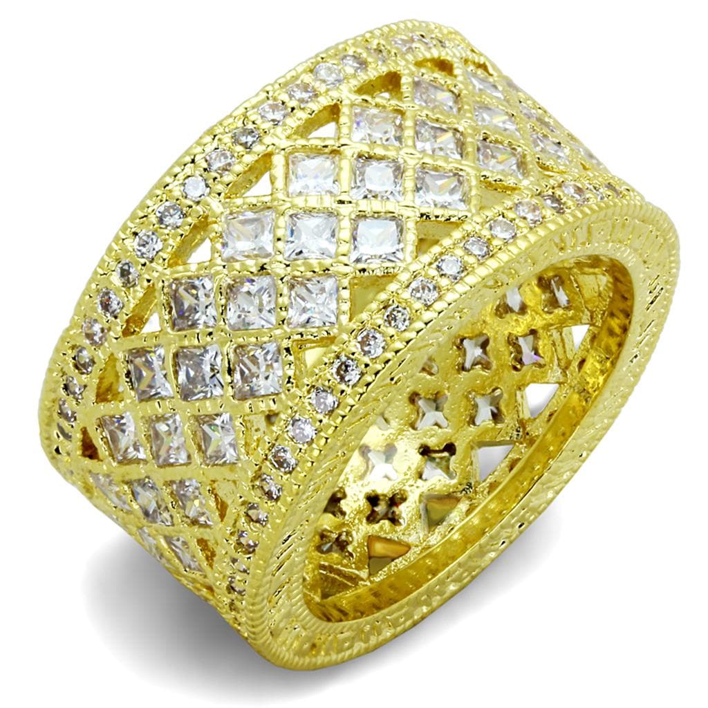 Brass Gold CZ Lattice Cutout Wide Filigree Band Ring