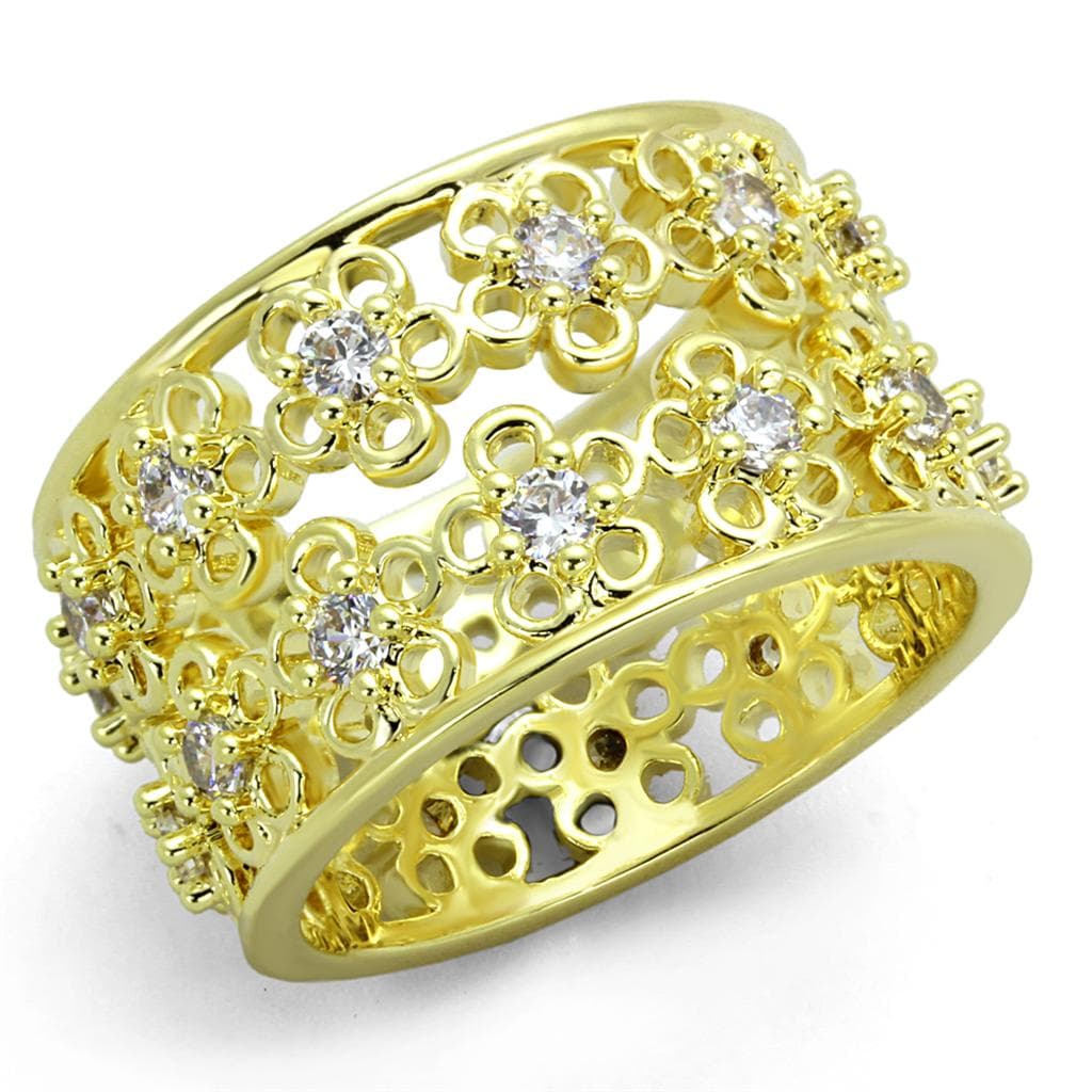 Brass Gold CZ Filigree Flower Cutout Wide Band Ring