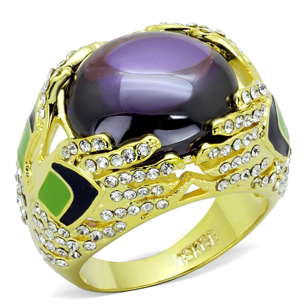 Brass Gold Purple Amethyst Cabochon Green Enamel CZ Cocktail Ring