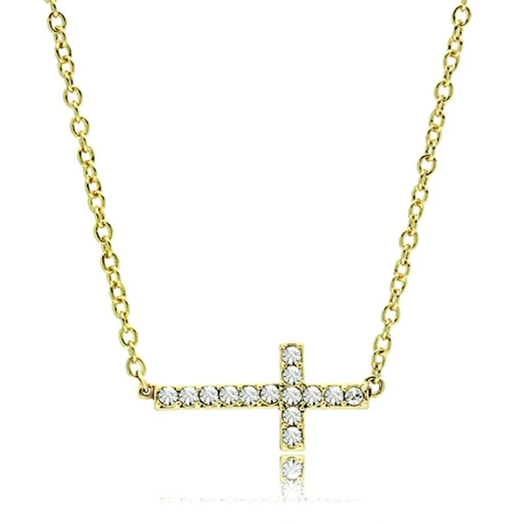 Brass Gold CZ Sideways Cross Pendant Necklace