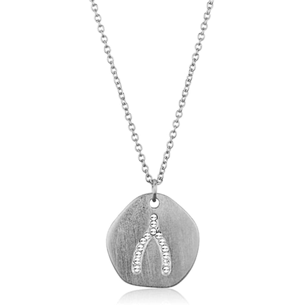 Brass Silver Brushed Disc CZ Wishbone Charm Pendant Necklace