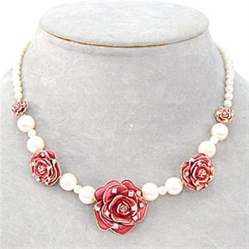 Brass Gold Pearl Red Rose Flower Station Necklace