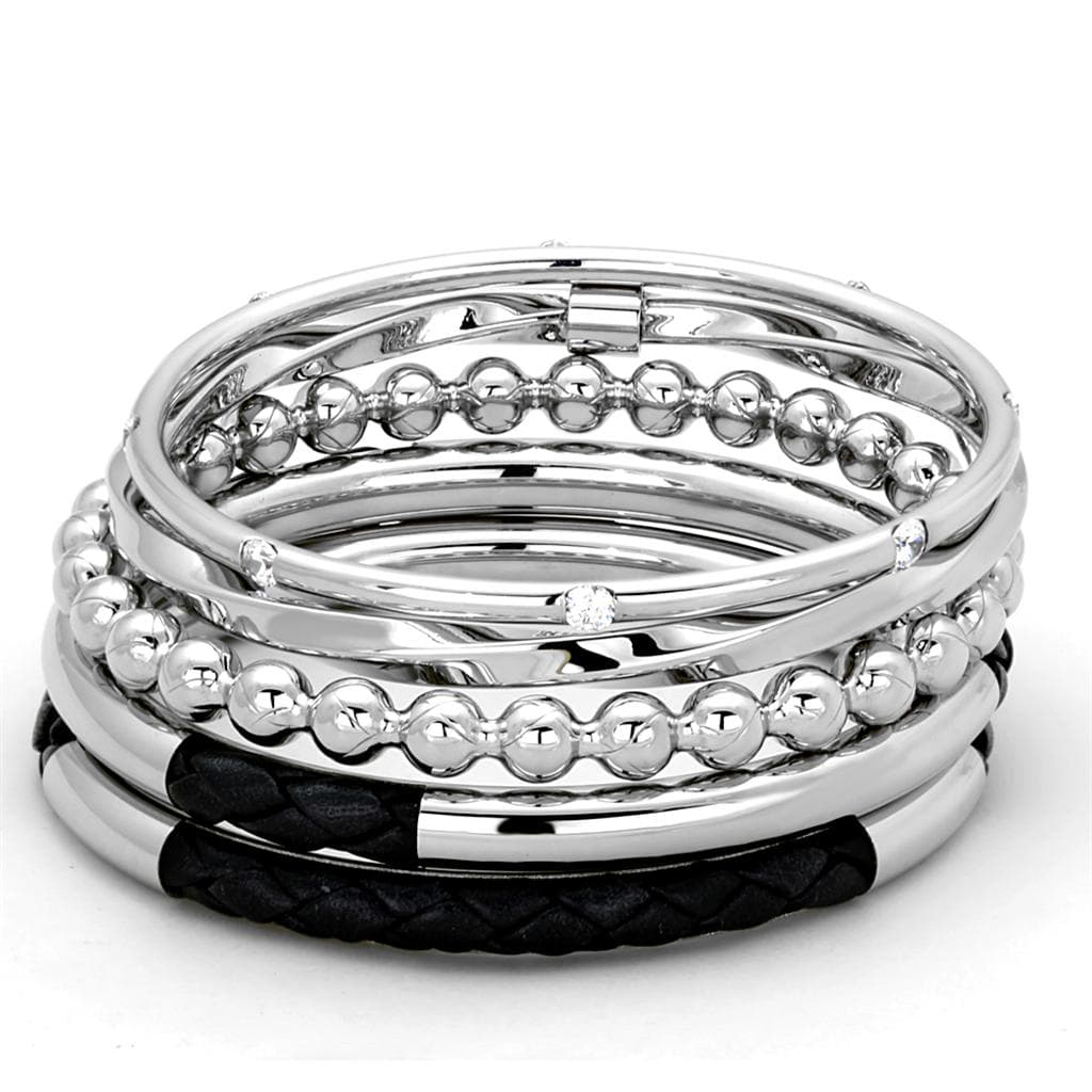 Stainless Steel Silver Black Leather Beaded Stackable Bracelet