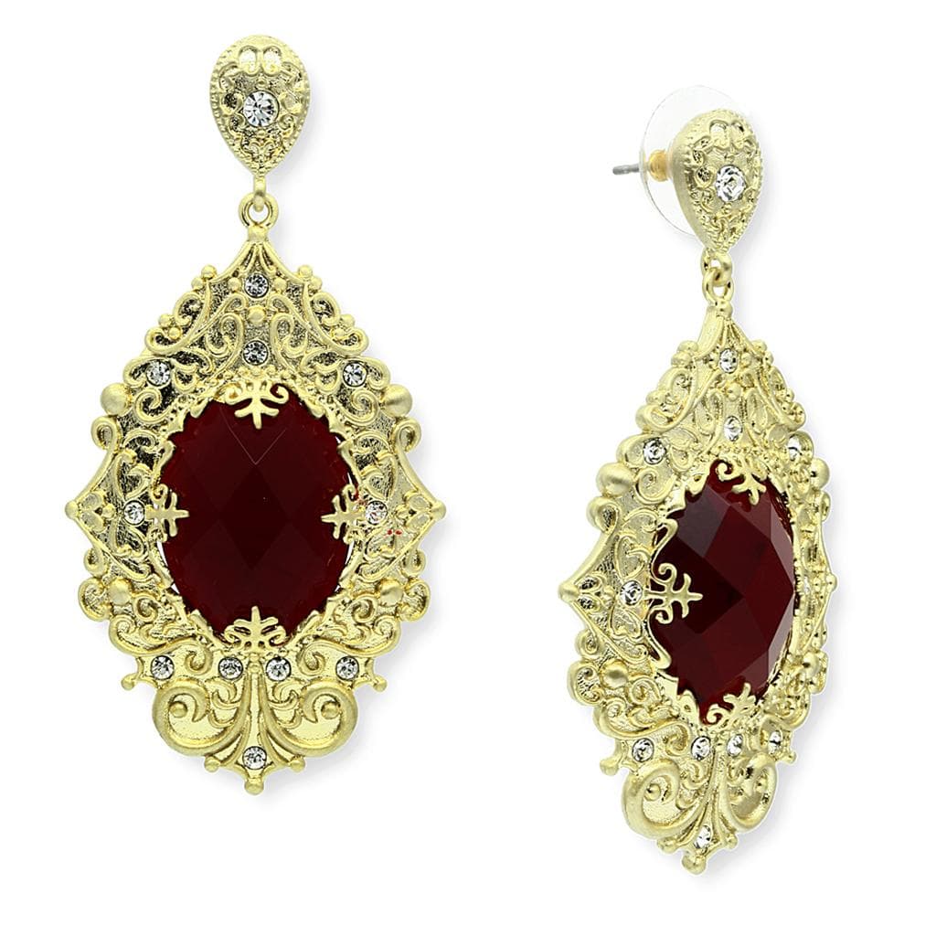 Brass Gold Red Garnet Diamond CZ Filigree Dangle Earrings