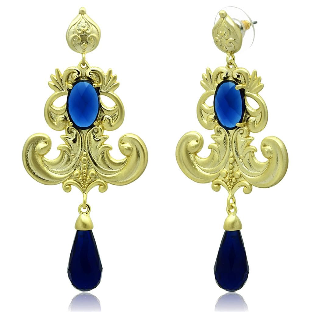 Brass Gold Blue Sapphire Teardrop CZ Filigree Chandelier Earrings