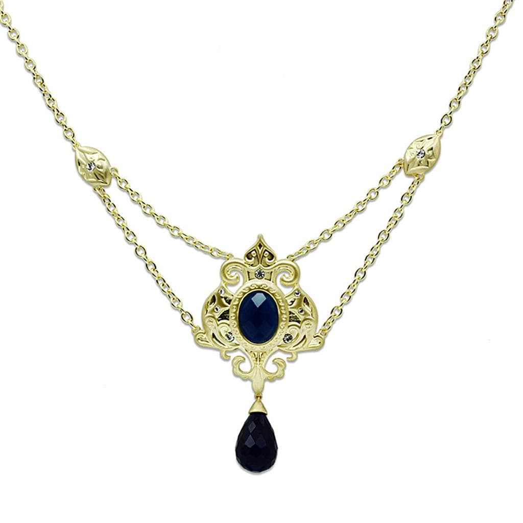 Brass Gold Blue Sapphire Teardrop CZ Filigree Layered Necklace
