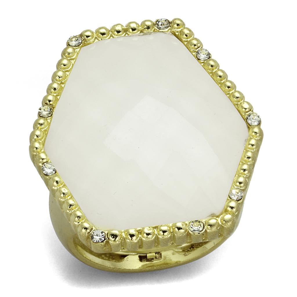 Brass Gold White Opal Faceted Hexagonal Beaded Frame Ring