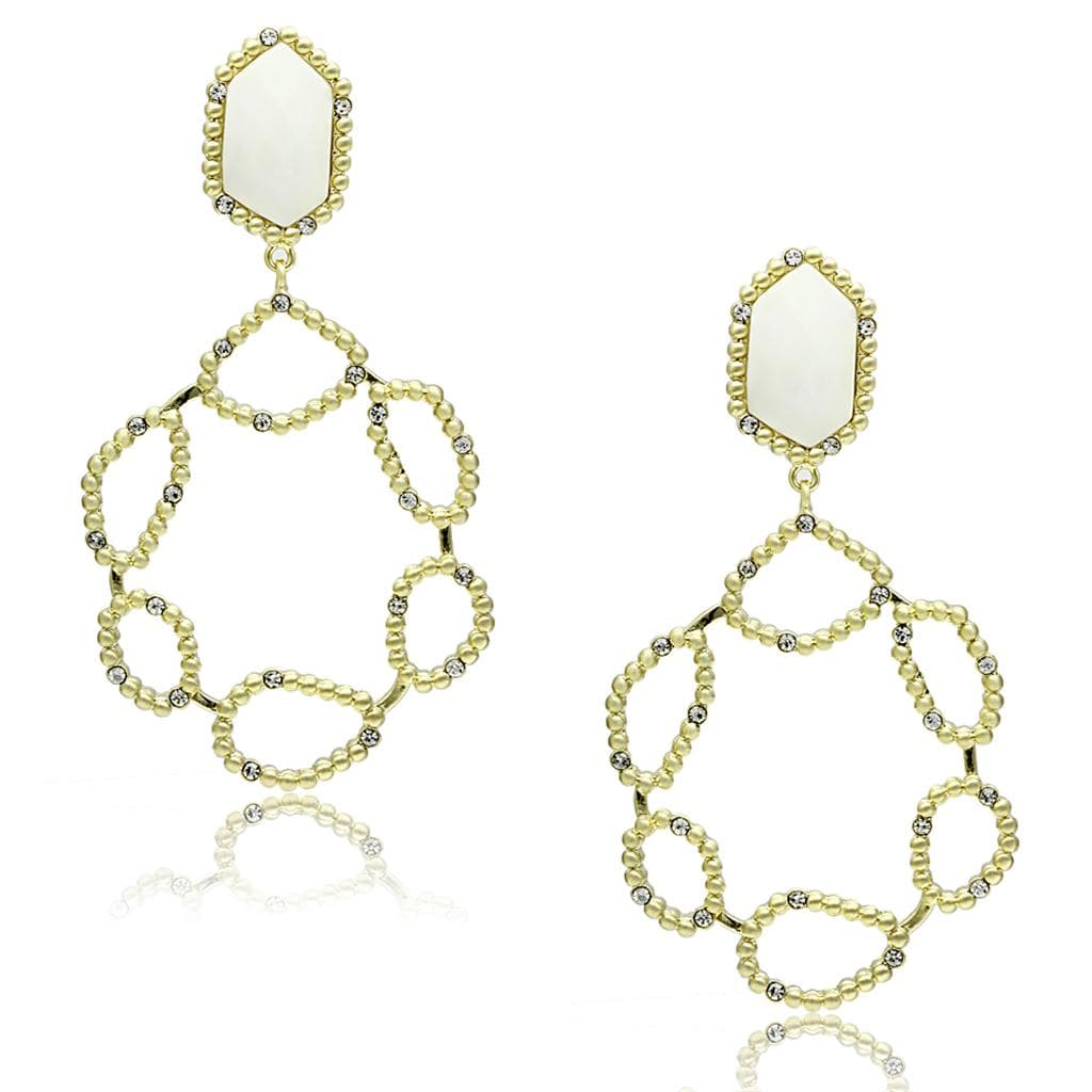 Brass Gold White Opal Hexagonal Beaded Circle Chandelier Earrings