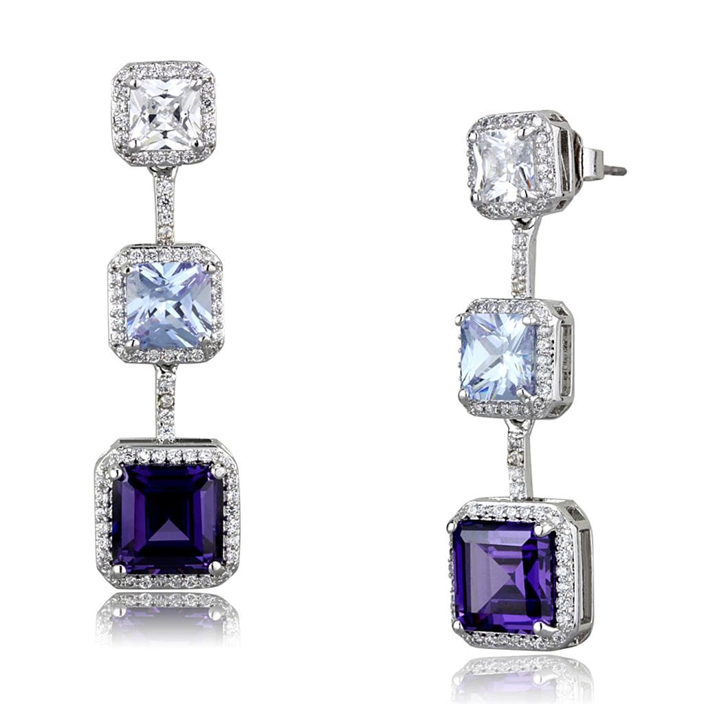 Brass Silver Purple Amethyst Square CZ Triple Halo Drop Earrings