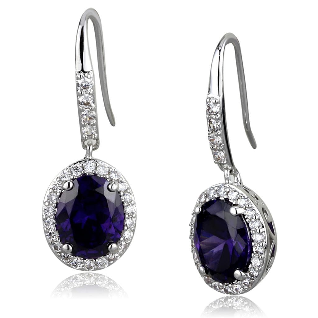 Brass Silver Purple Amethyst Oval CZ Halo Hook Earrings