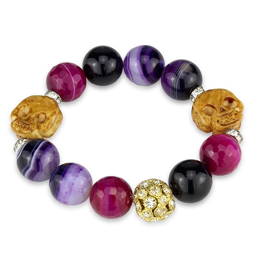 Brass Purple Pink Agate Gold CZ Ball Skull Bead Stretch Bracelet