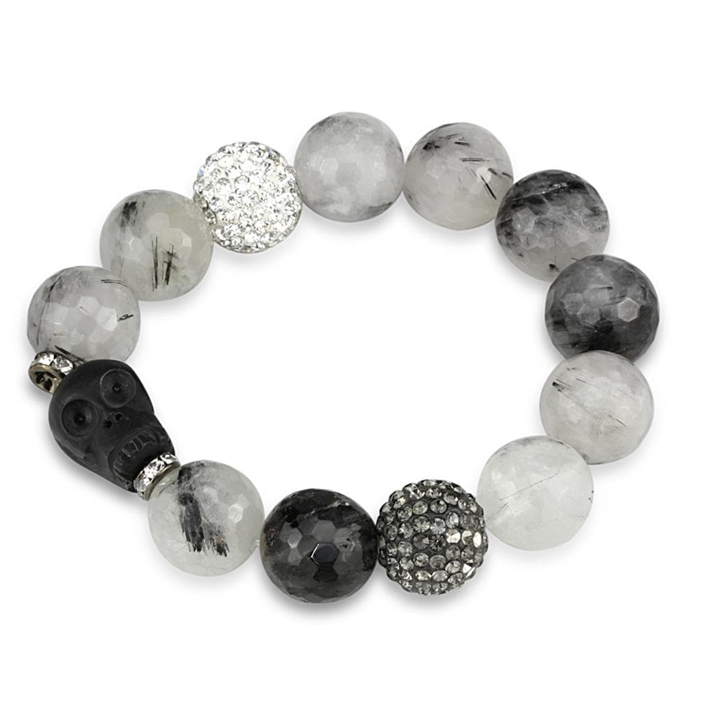 Brass Gray White Rutilated Quartz Black Skull CZ Ball Bracelet