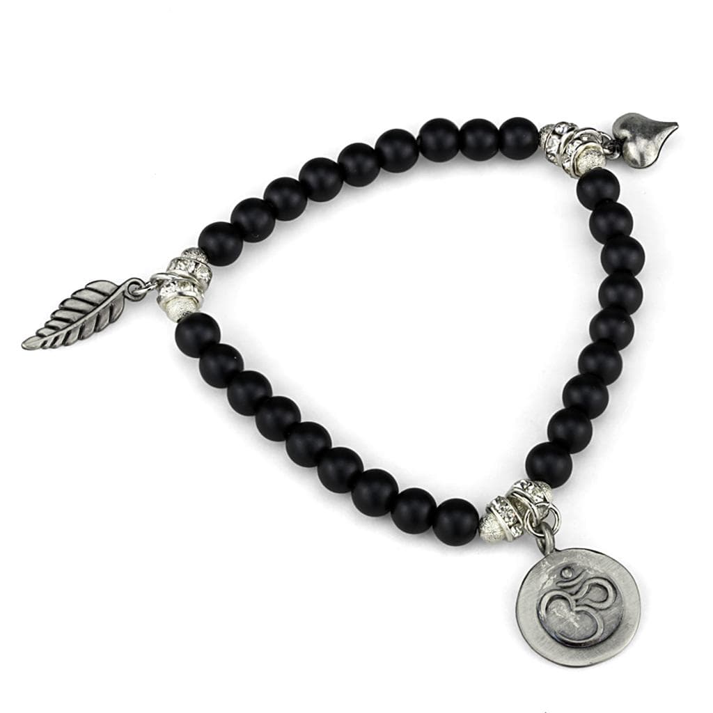 Brass Black Matte Onyx Silver Feather Om Charm Stretch Bracelet