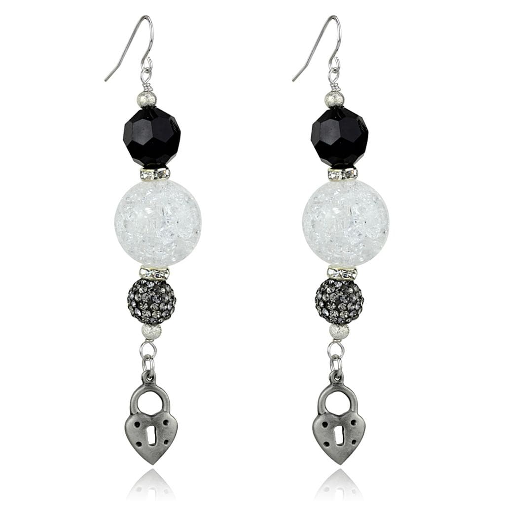 Brass Silver Black Onyx CZ Ball Lock Charm Dangle Earrings