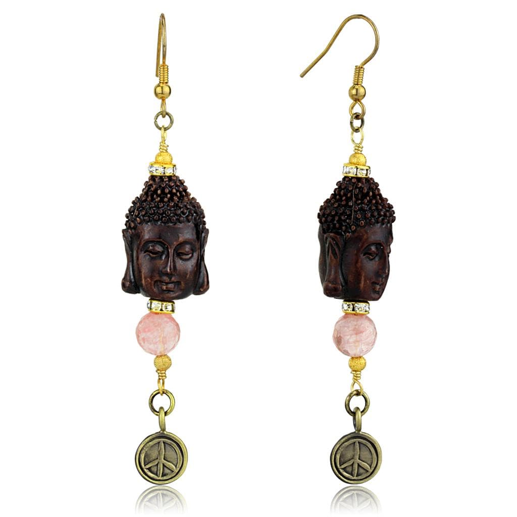 Brass Gold Pink Stone Buddha Head Peace Sign Dangle Earrings