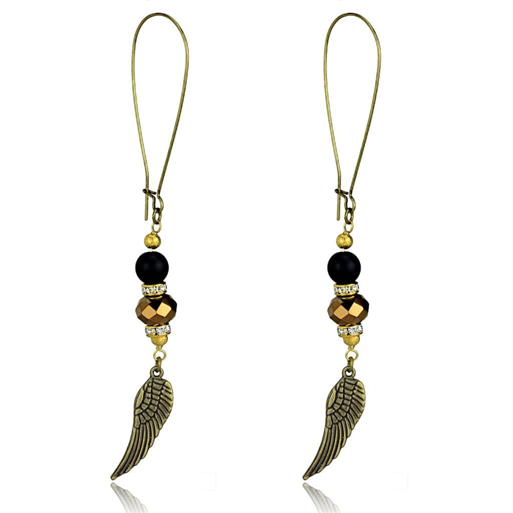Brass Antique Gold Black Crystal Angel Wing Charm Dangle Earrings