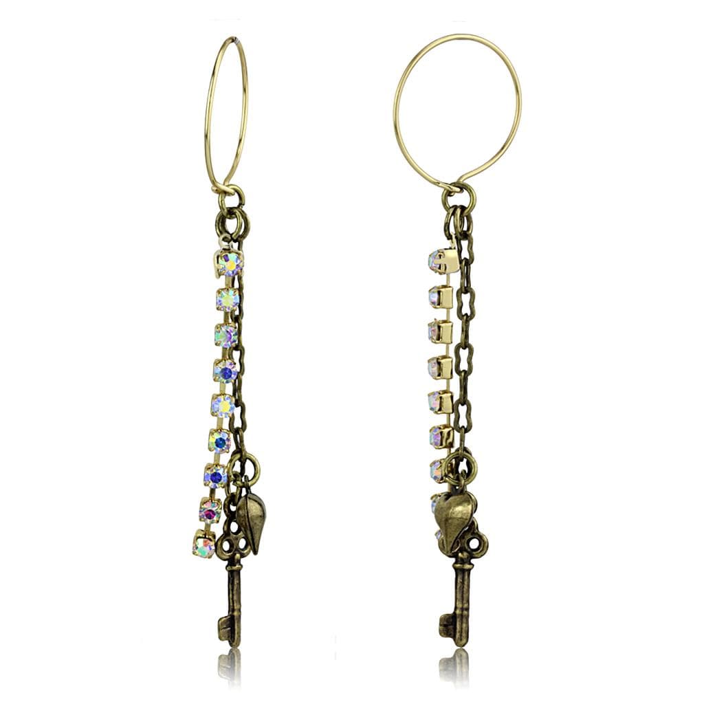 Brass Antique Gold Aurora Borealis Crystal Key Charm Earrings