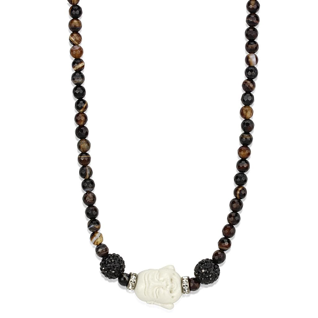 Brass Tiger Eye Brown Agate Black CZ Ball Buddha Bead Necklace