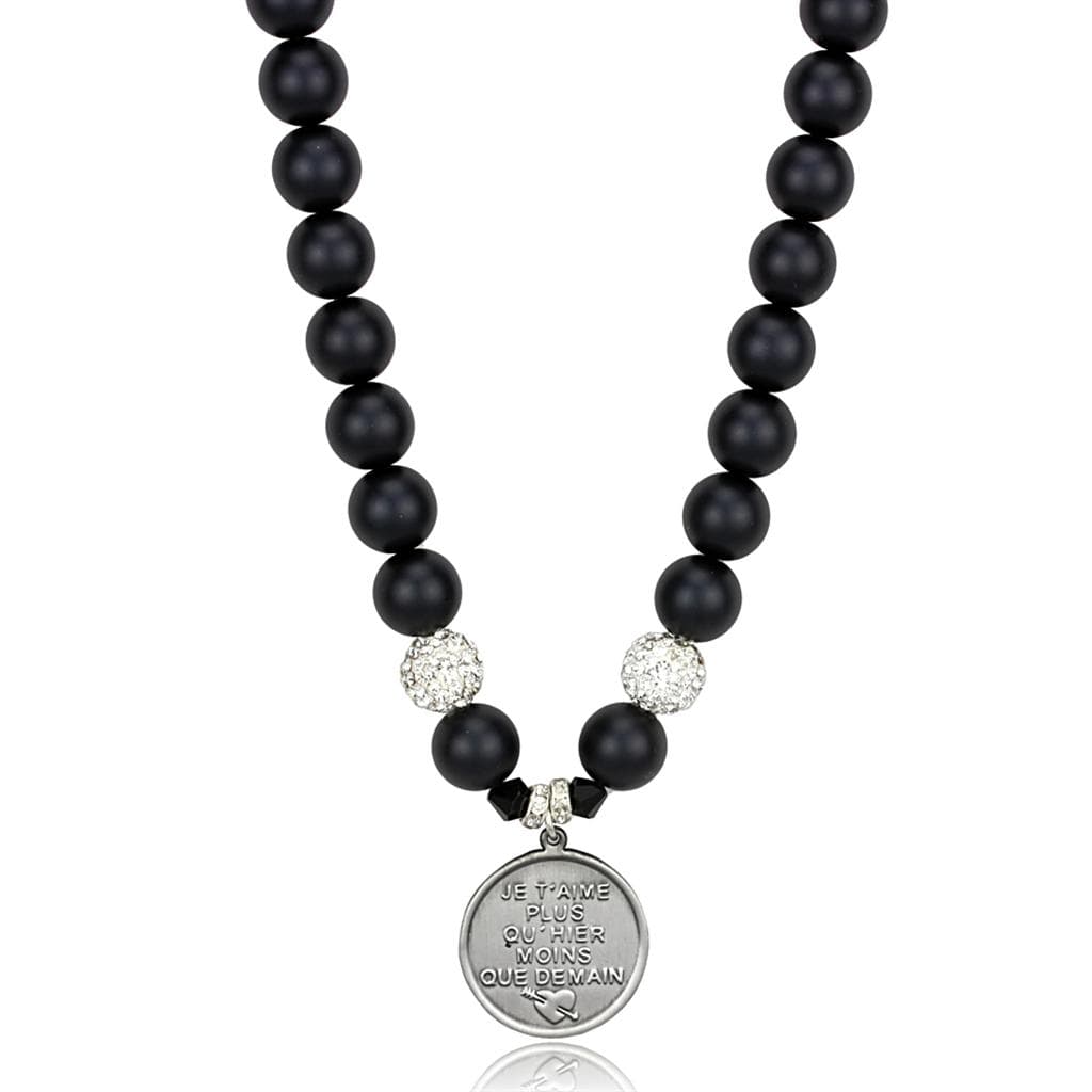 Brass Black Matte Onyx Silver CZ Ball French Quote Coin Necklace