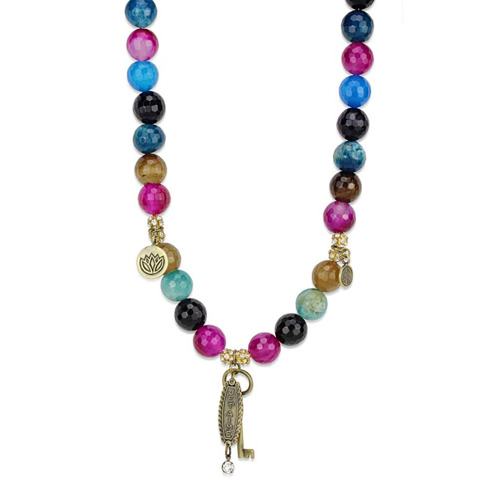 Brass Multi Color Agate Gold Leaf Key Charm Bead Necklace