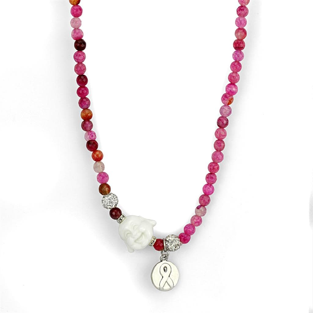 Brass Pink Agate Red Buddha CZ Ball Ribbon Charm Bead Necklace