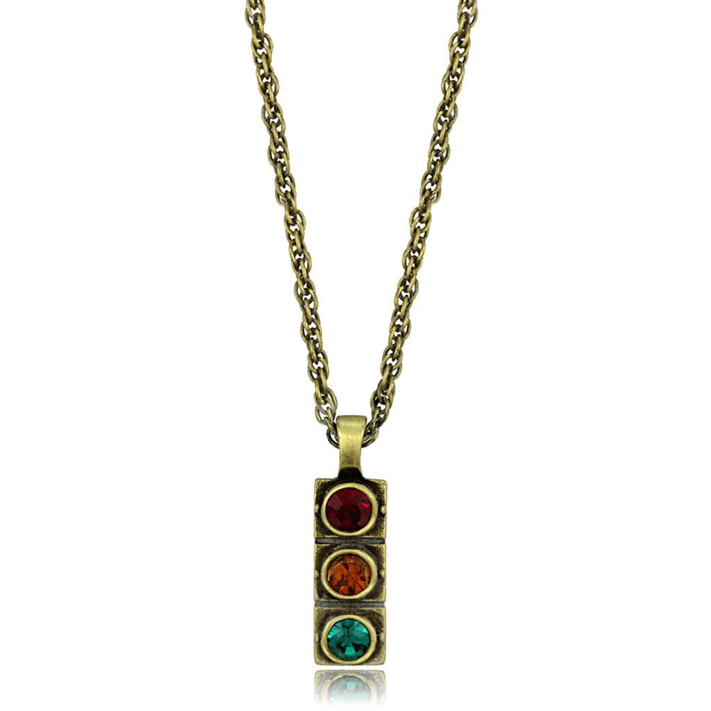 Brass Antique Gold Multi Color Crystal Traffic Light Necklace