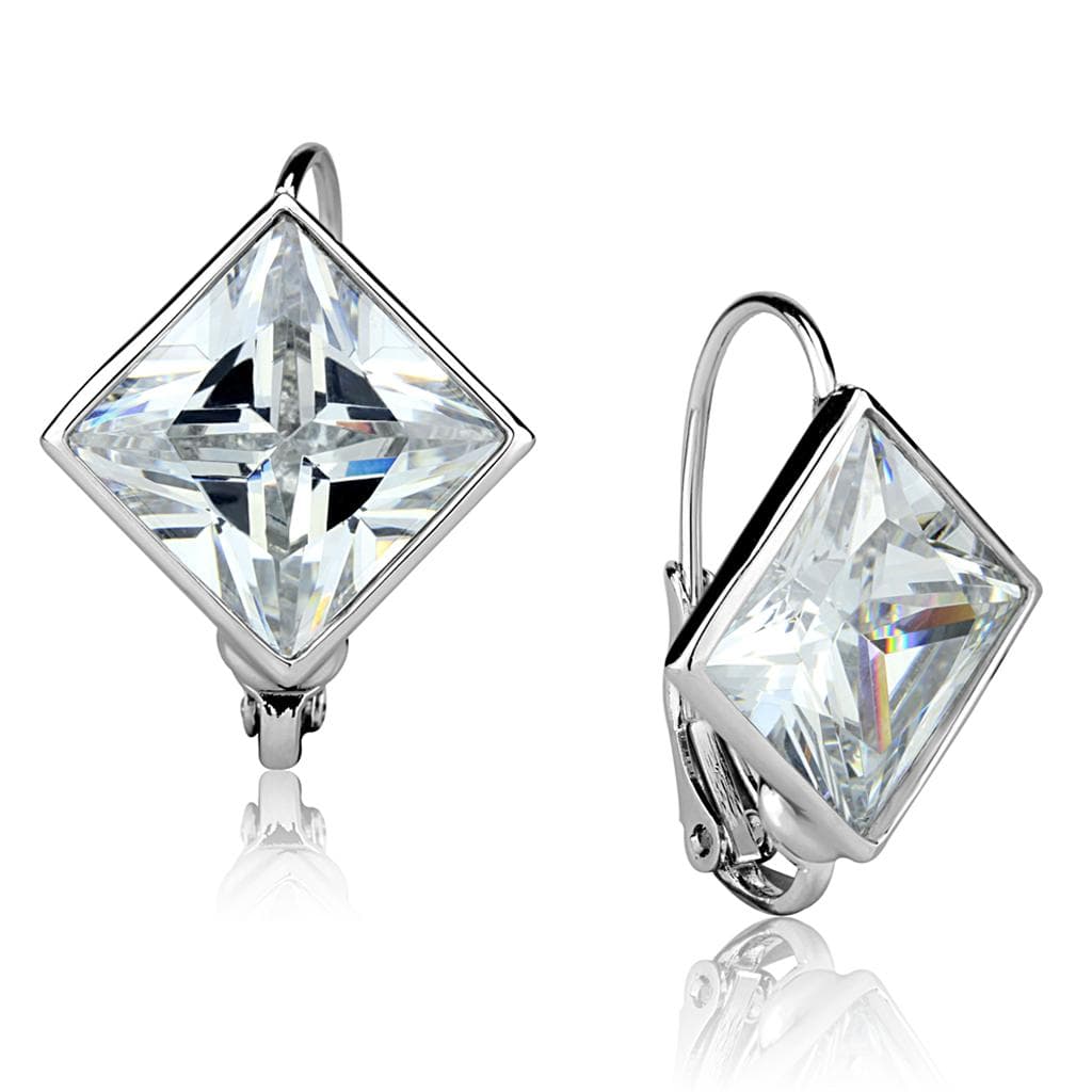 Brass Silver CZ Princess Cut Diamond Frame Leverback Earrings