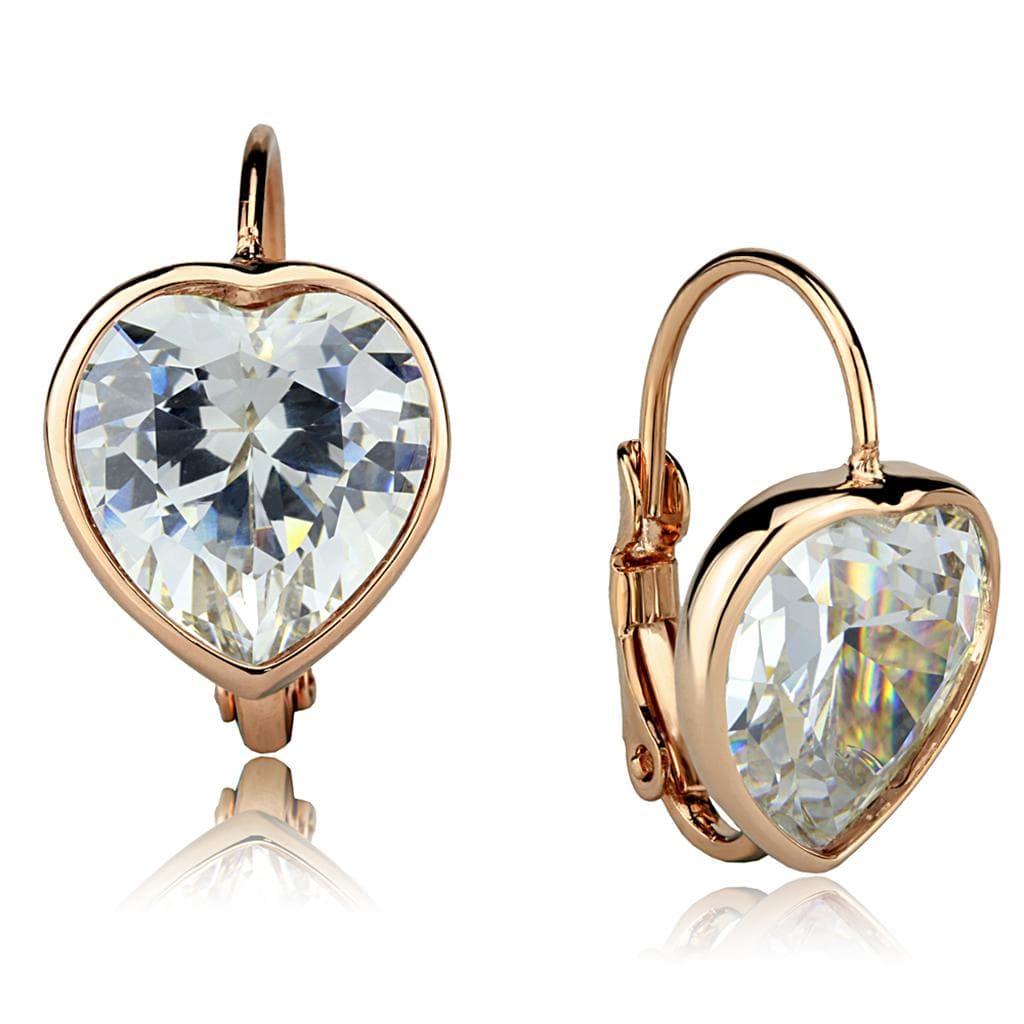 Brass Rose Gold CZ Heart Leverback Earrings
