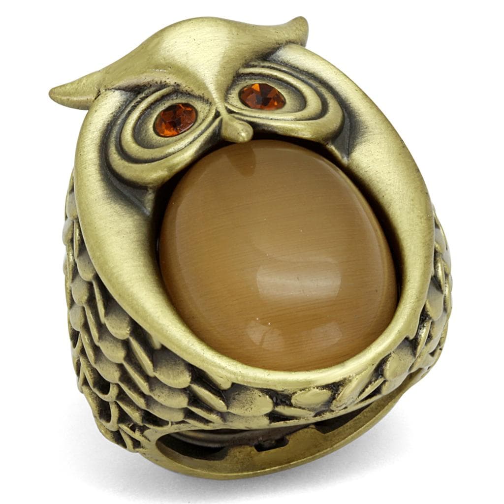 Brass Antique Gold Owl Brown Cat Eye CZ Cocktail Ring