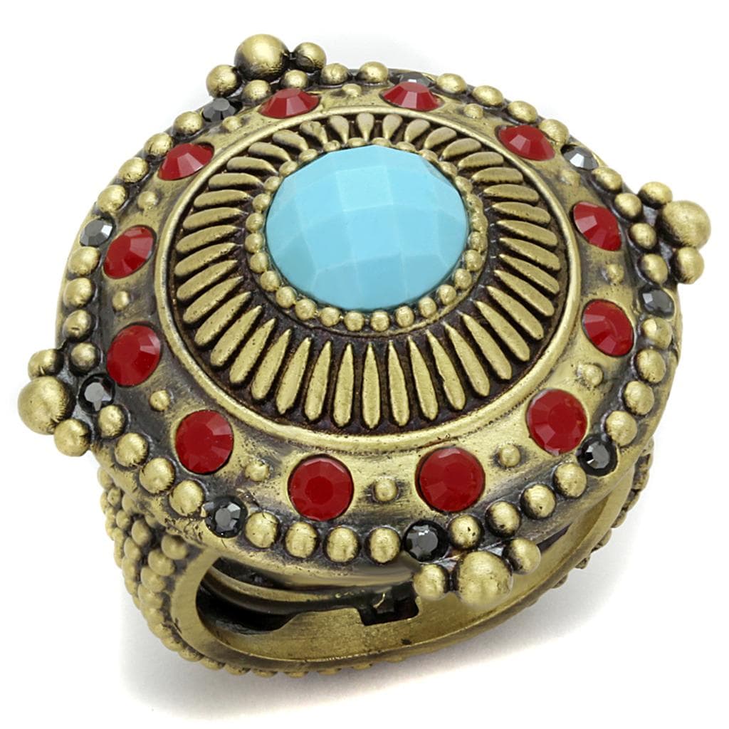 Brass Antique Gold Turquoise Red Sunburst Medallion Cocktail Ring