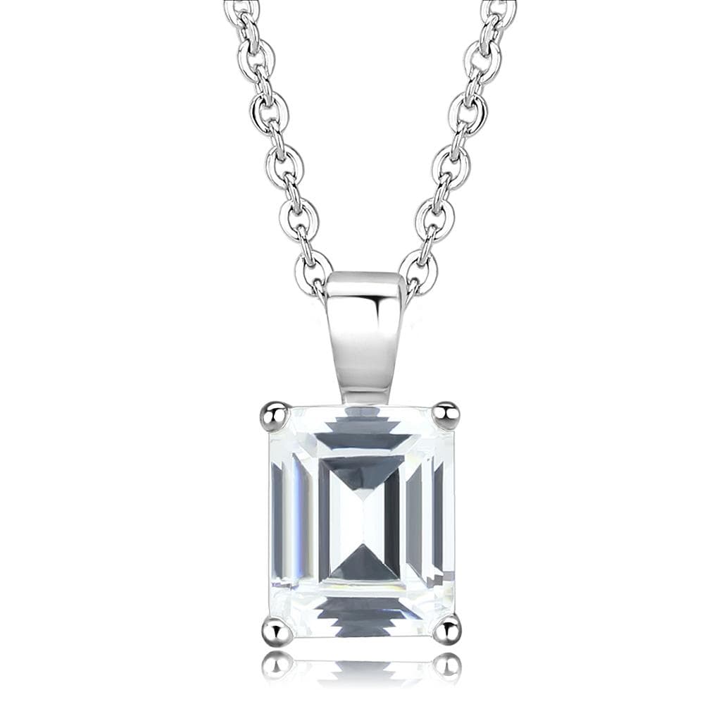 Brass Silver CZ Emerald Cut Solitaire Pendant Necklace LO3934