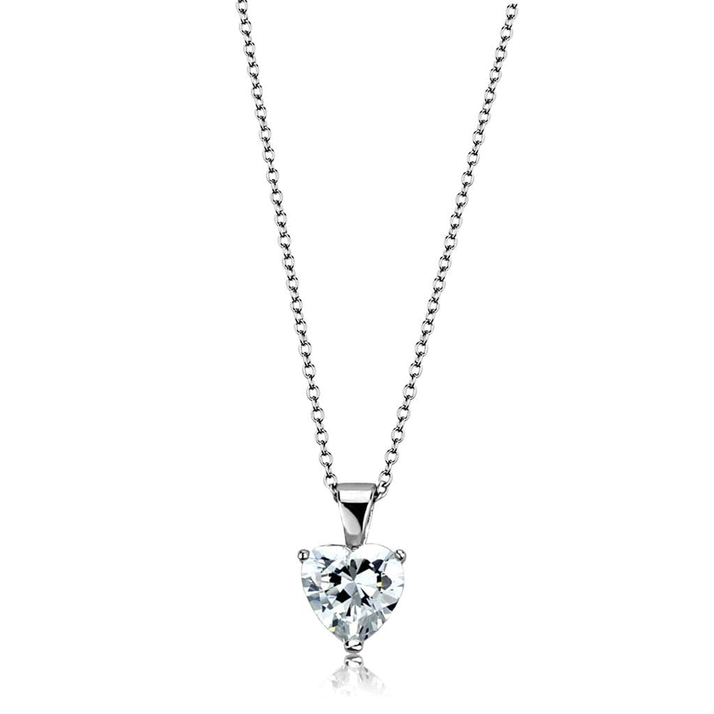 Brass Silver CZ Heart Prong Solitaire Pendant Necklace LO3936