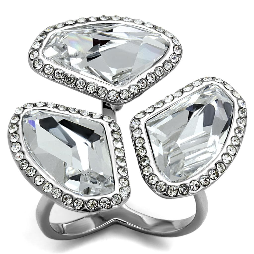 Stainless Steel Silver CZ Halo Freeform Triple Stone Ring