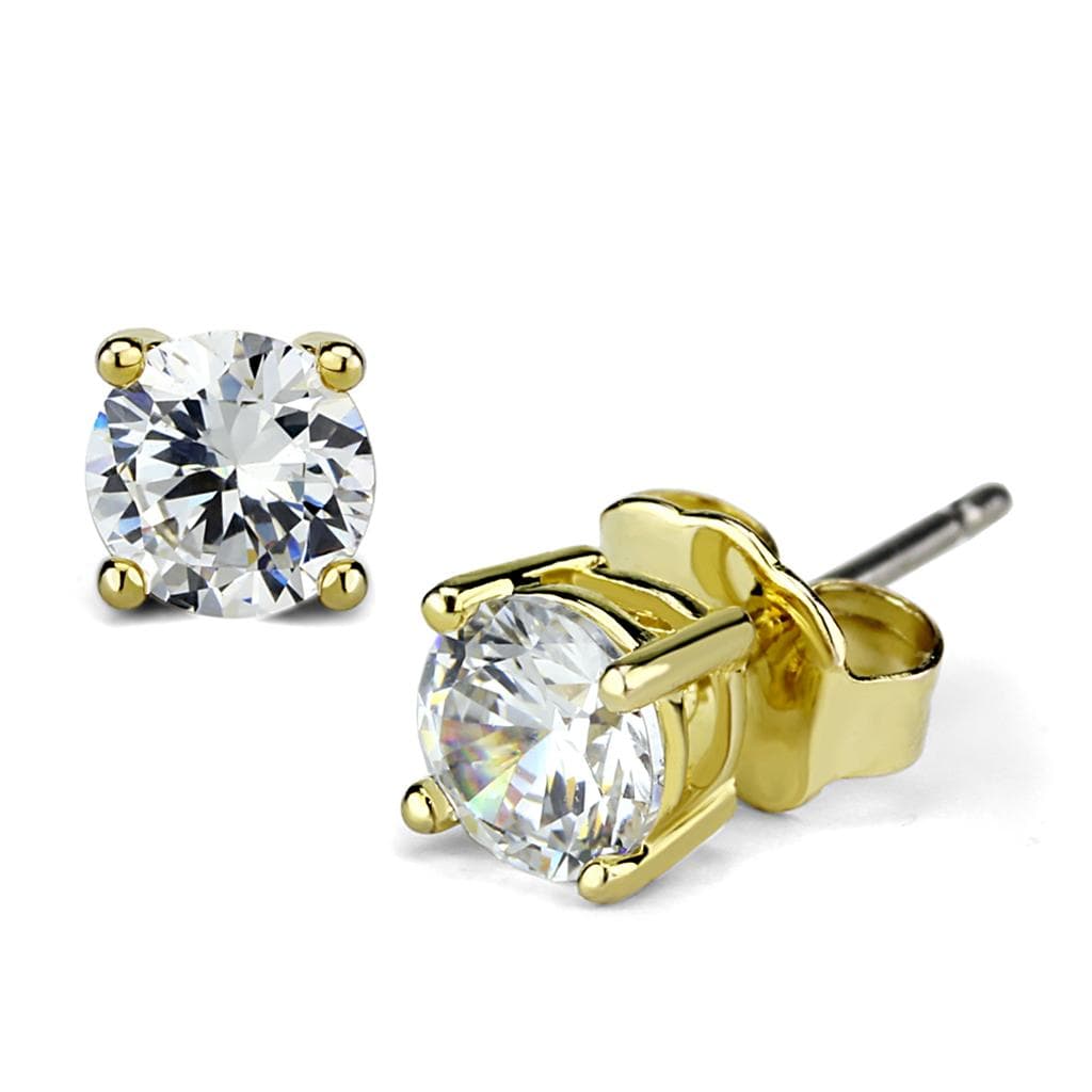 Brass Gold CZ Round Brilliant Prong Solitaire Stud Earrings