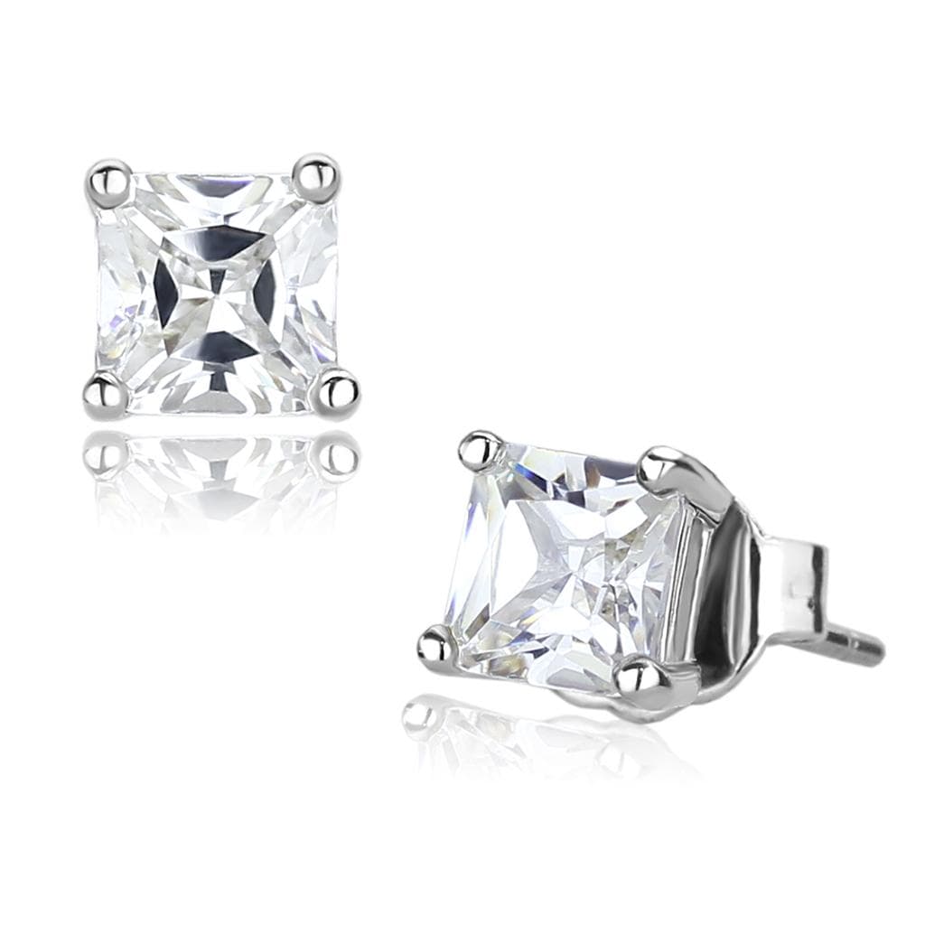 Brass Silver CZ Princess Cut Stud Earrings