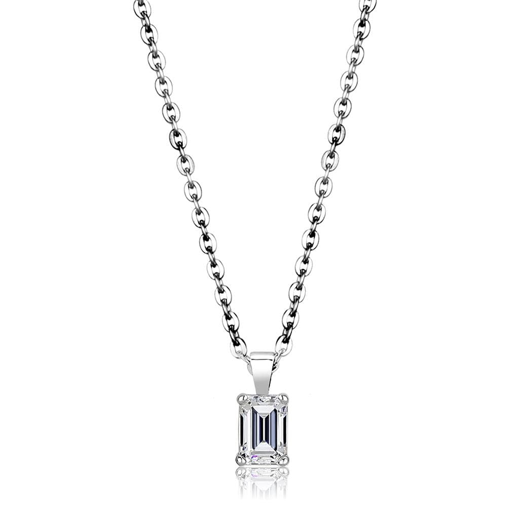 Brass Silver CZ Emerald Cut Solitaire Pendant Necklace LO4127