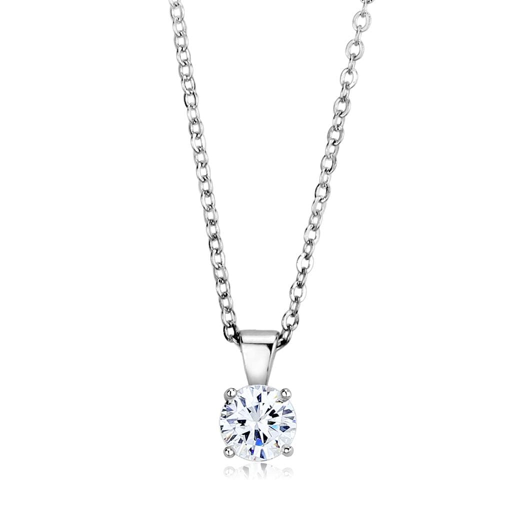 Brass Silver CZ Round Solitaire Pendant Necklace LO4129