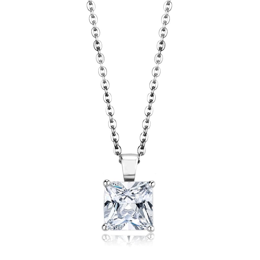 Brass Silver CZ Princess Cut Solitaire Pendant Necklace LO4173
