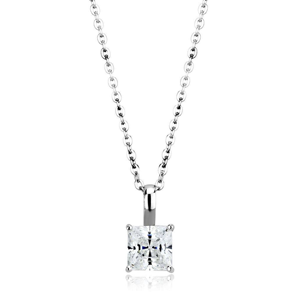 Brass Silver CZ Princess Cut Solitaire Pendant Necklace LO4174