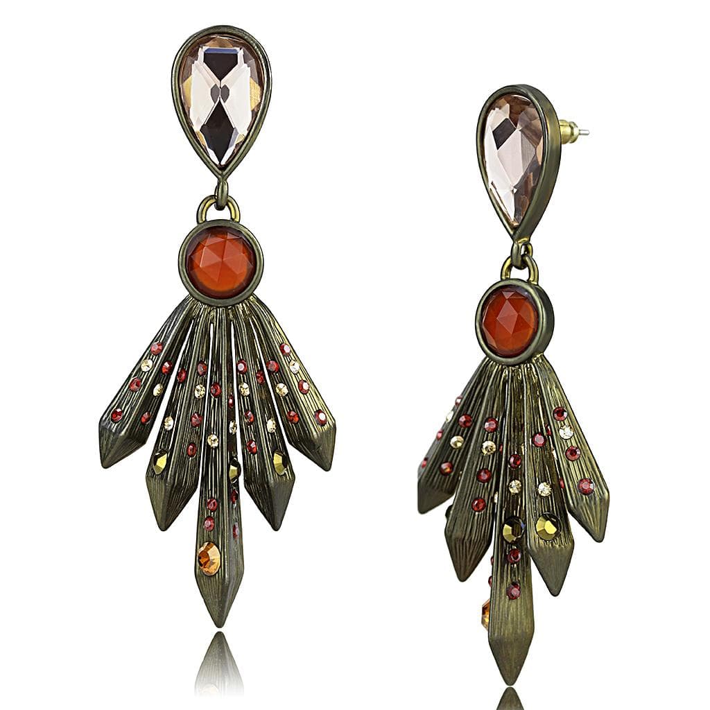 Brass Antique Gold Crystal Leaf Fan Drop Earrings