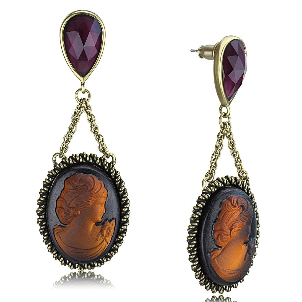 Brass Antique Gold Brown Cameo Garnet Chain Drop Earrings